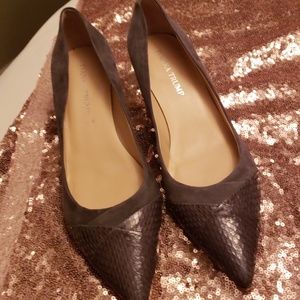 Gray suede and leather kitten heels